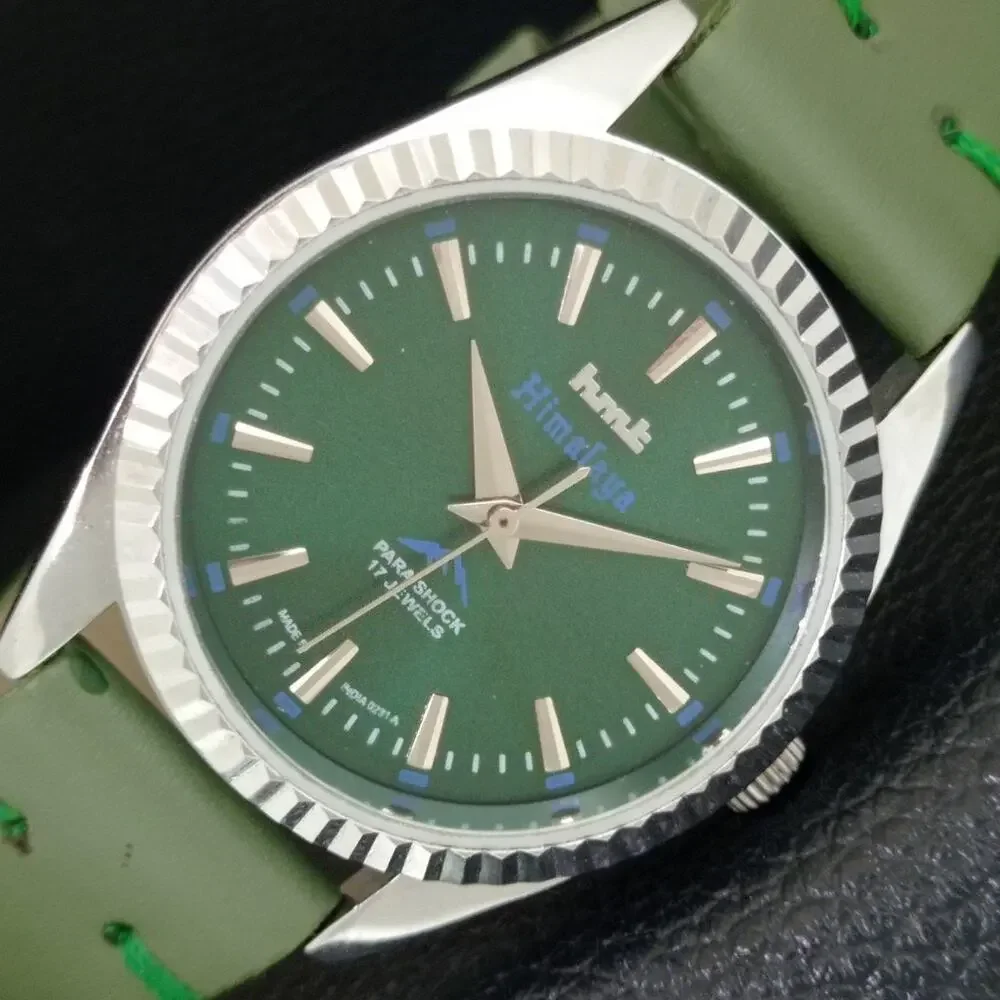 Vintage 1977 HMT Manual Wound Mens Silver Watch & Green accents